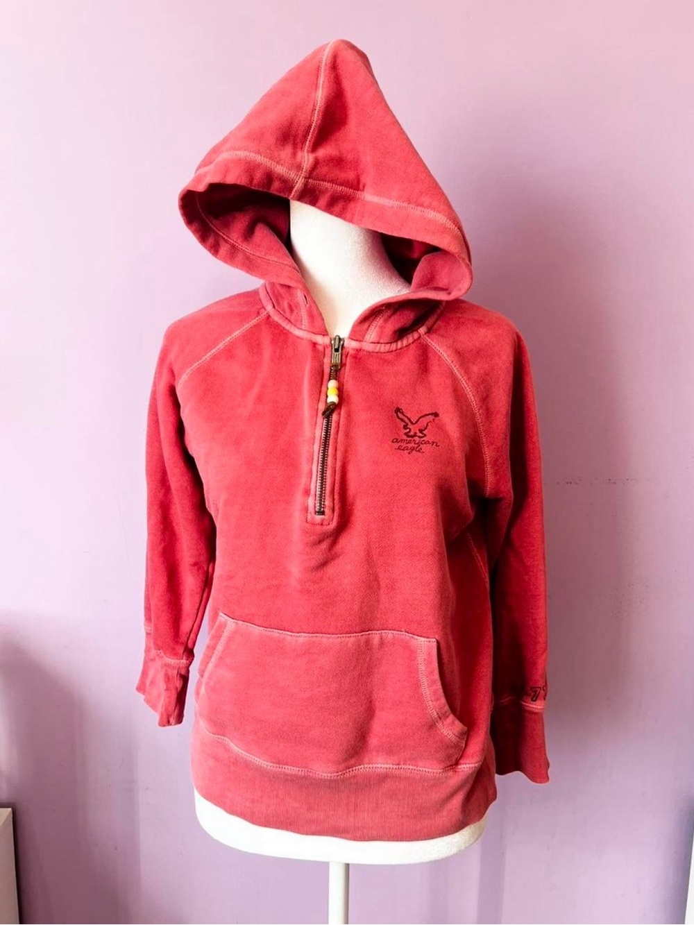 American Eagle Outfitters Pink Hooded Half-Zip Sweatshirt Y2K READ